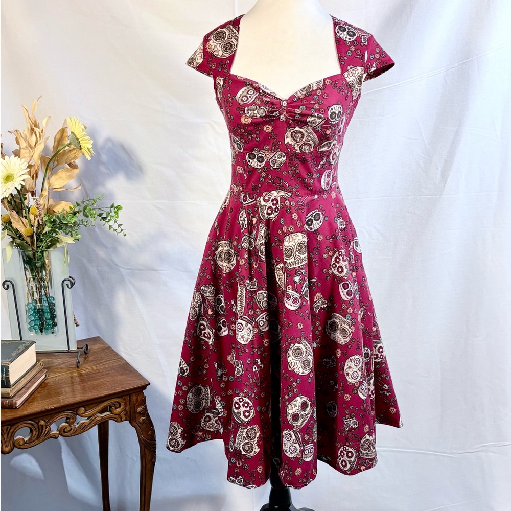 Hell Bunny Sasha Red Sugar Skull Fit Flare Rockabilly Dress XS🧡 - Picture 12 of 12